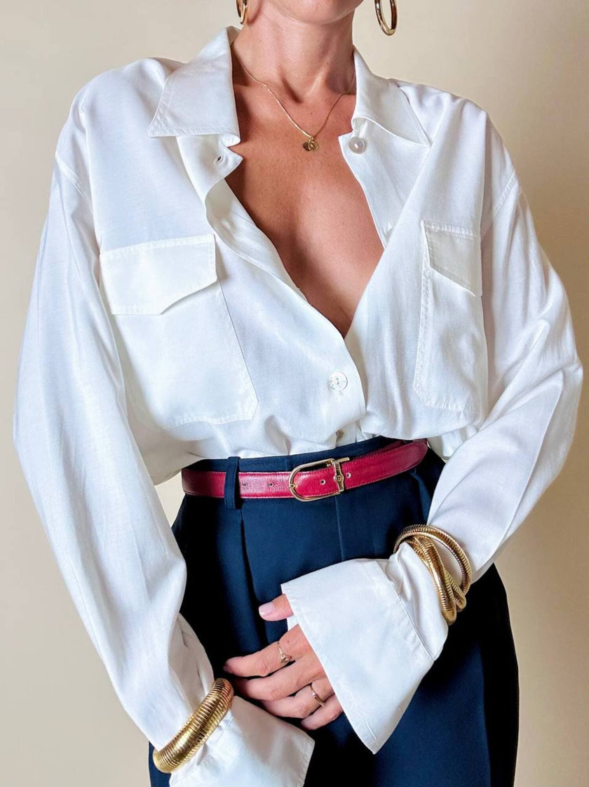 Camicia bianca Andrea Mare vintage in cotone con maxi tasche e bottoni in madreperla