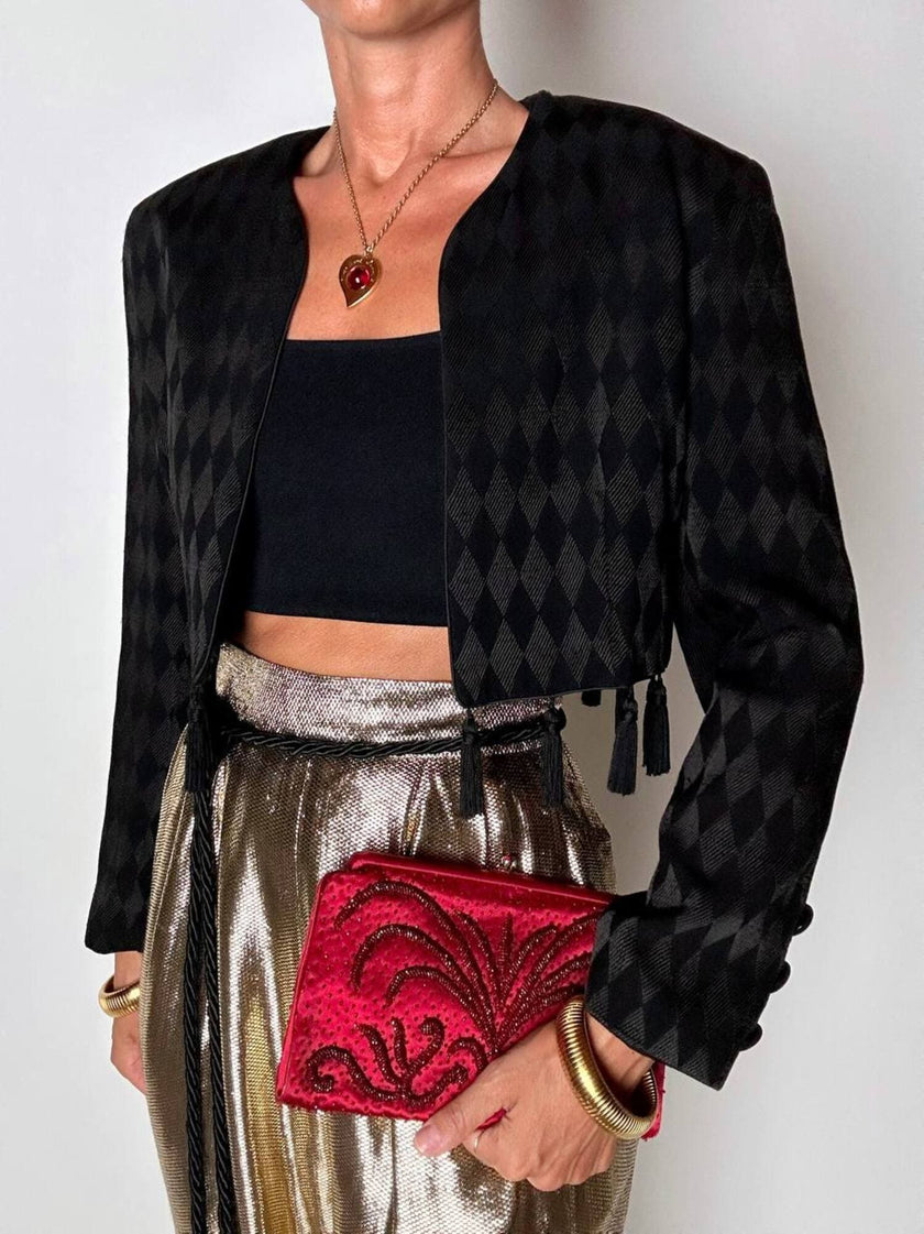 Spencer vintage Louis Féraud in tessuto jacquard nero operato a losanghe e nappine