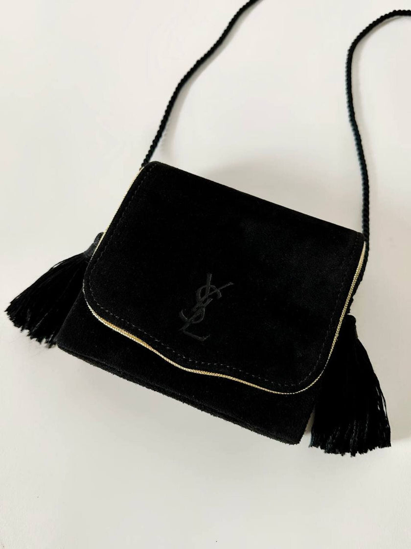 Pochette Beauté vintage Yves Saint Laurent in camoscio nero con nappine e specchio