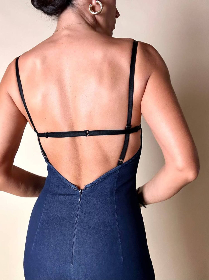 Mini abito D&G in denim blu scuro elasticizzato con scollo sulla schiena