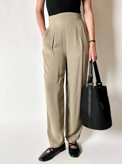 Pantalone vintage Emporio Armani a vita alta in tessuto cachi effetto Fil-à-Fil