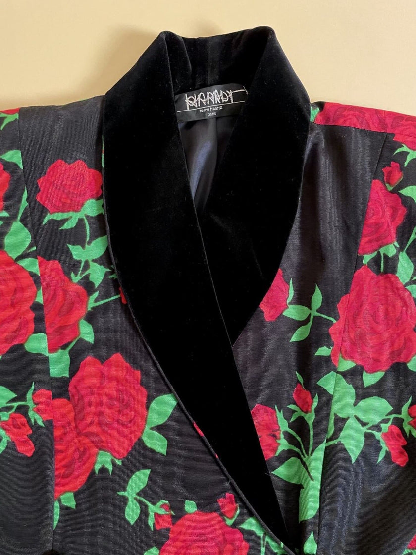 Blazer doppiopetto in tessuto moiré fantasia rose rosse
