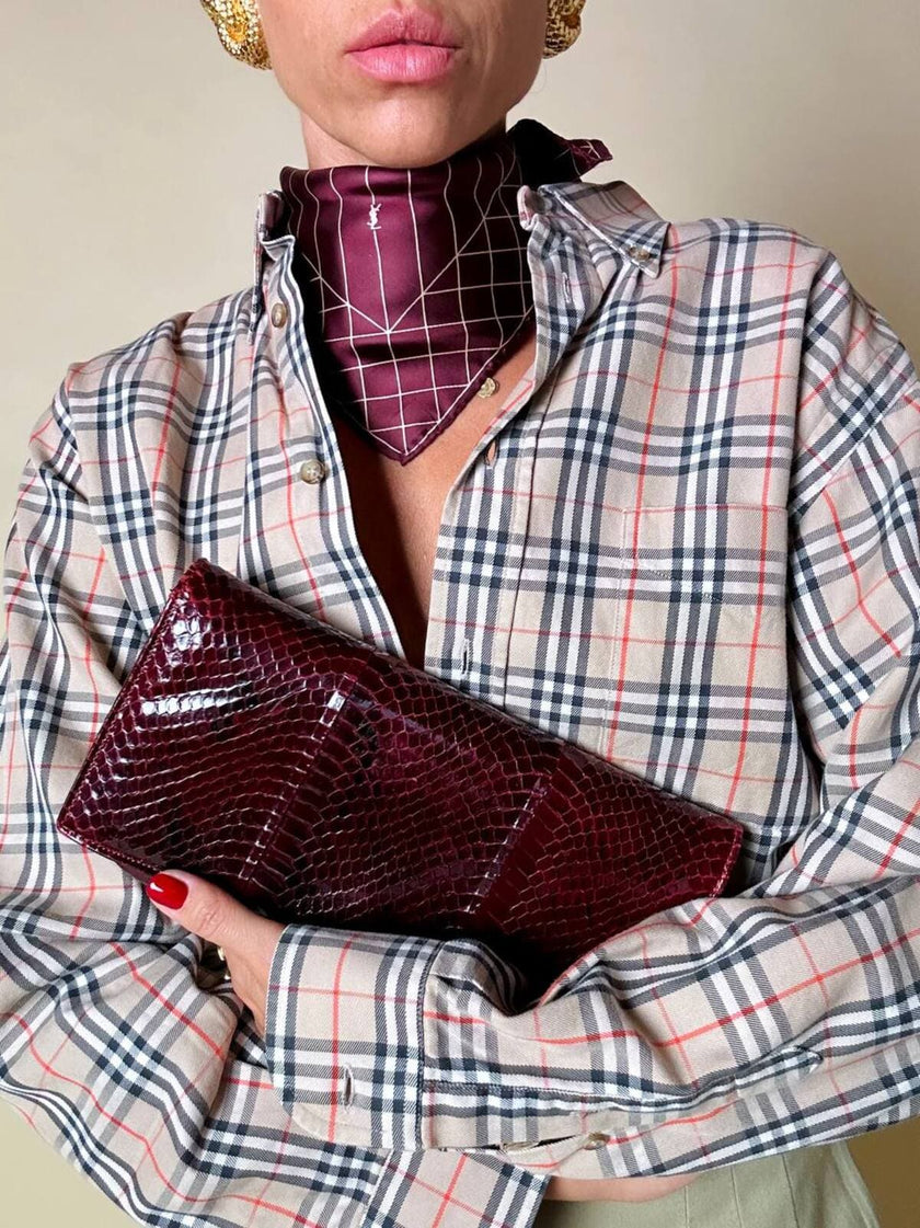 Mini foulard vintage Yves Saint Laurent bordeaux con loghi avorio