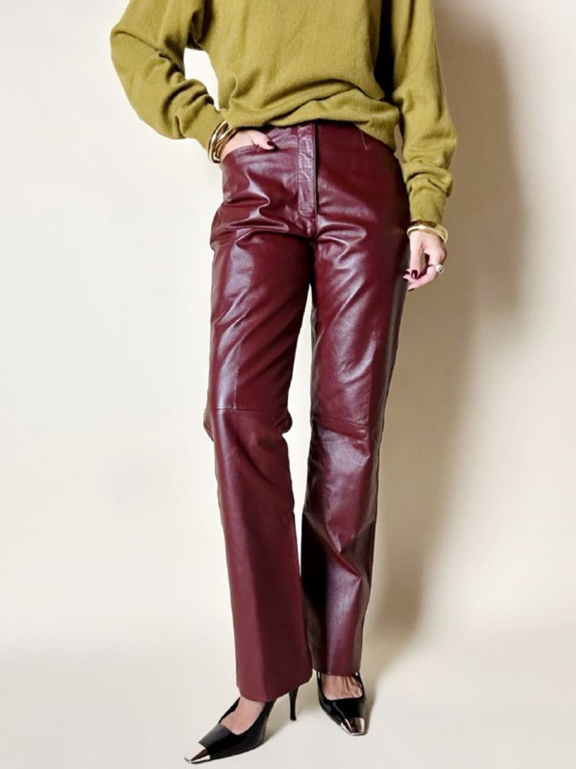 Pantalone a gamba dritta in pelle bordeaux In Extenso