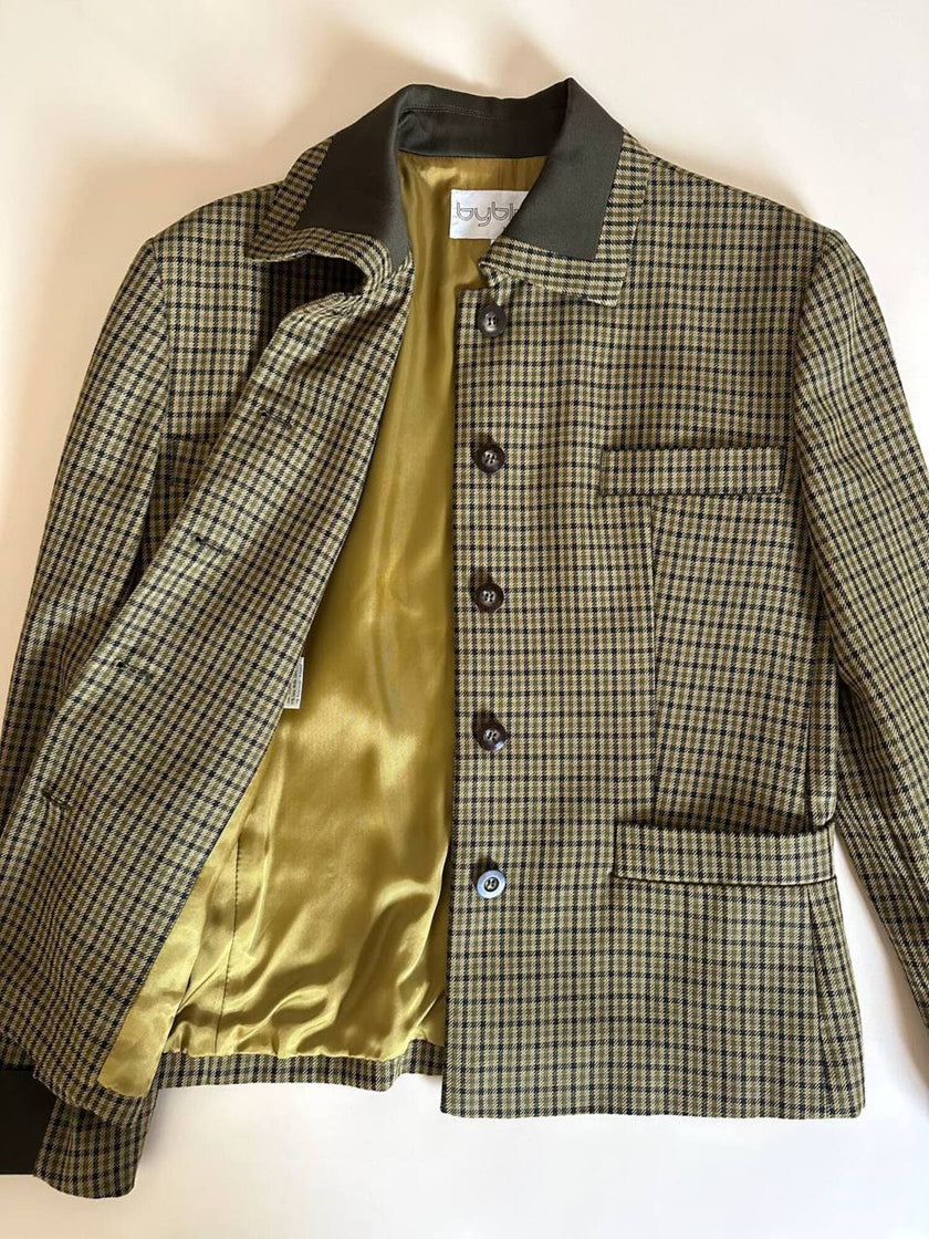 Blazer Byblos in rasato di lana pied de poule beige e verde con riporti verde oliva