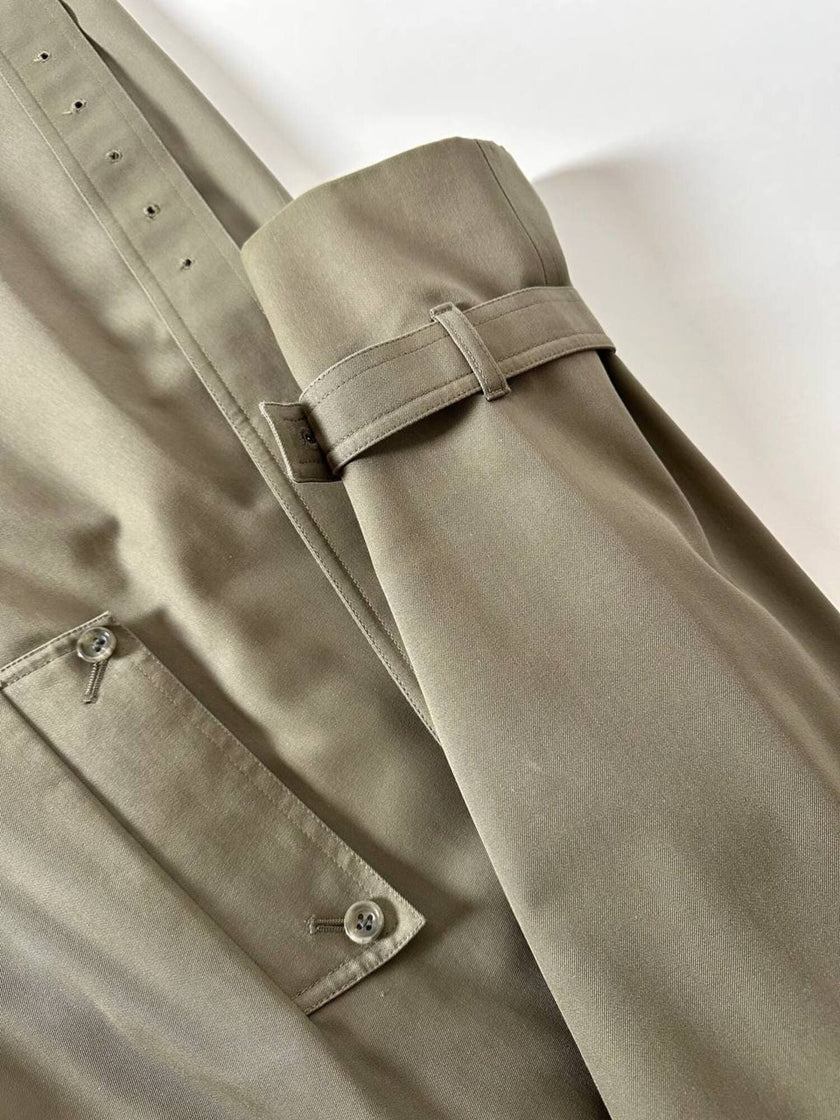 Vintage Aquascutum trench coat in khaki green gabardine with matching belt