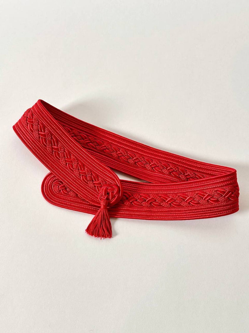 Cintura vintage rossa realizzata con intreccio di passamanerie e nappa couture