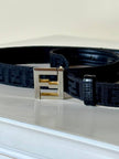 Cintura vintage Fendi in tessuto jacquard nero con loghi allover e fibbia logo