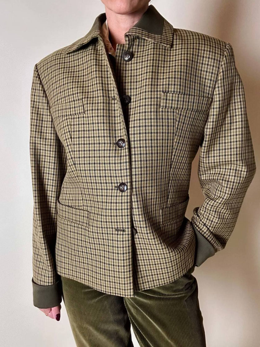 Blazer Byblos in rasato di lana pied de poule beige e verde con riporti verde oliva