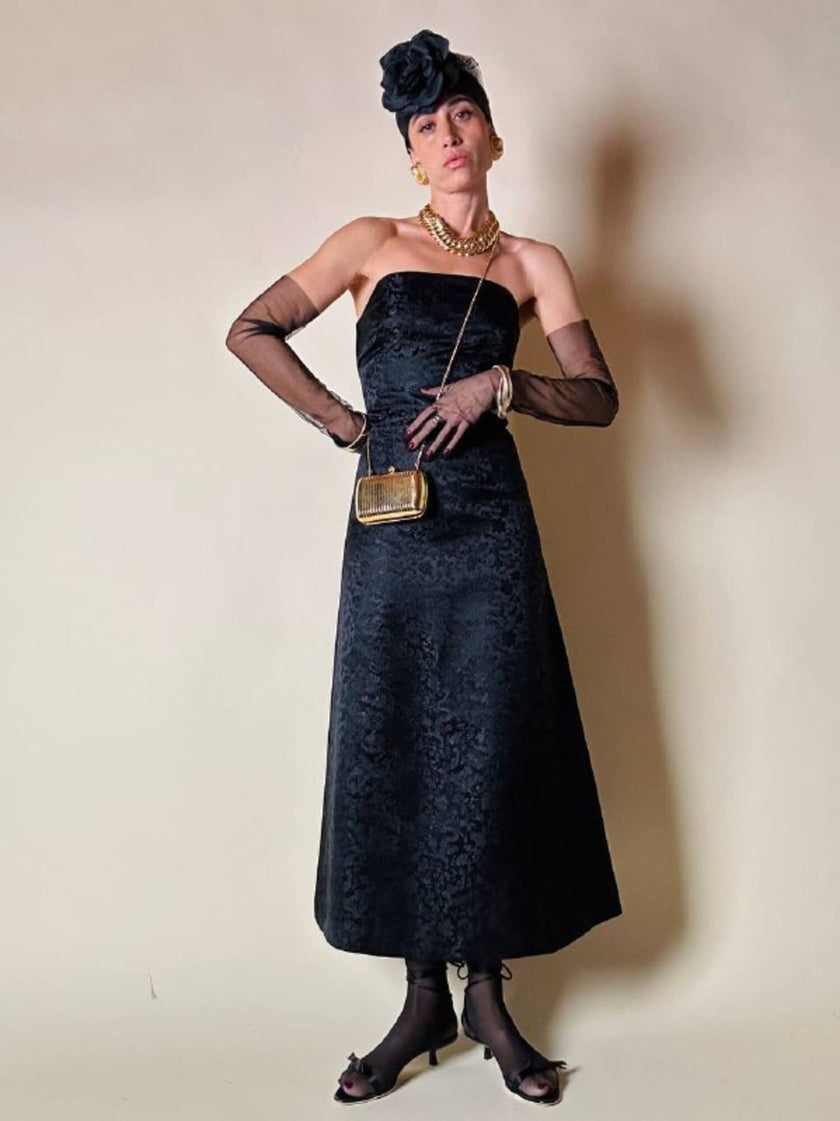 Abito a fascia in broccato di seta nero fantasia orientale