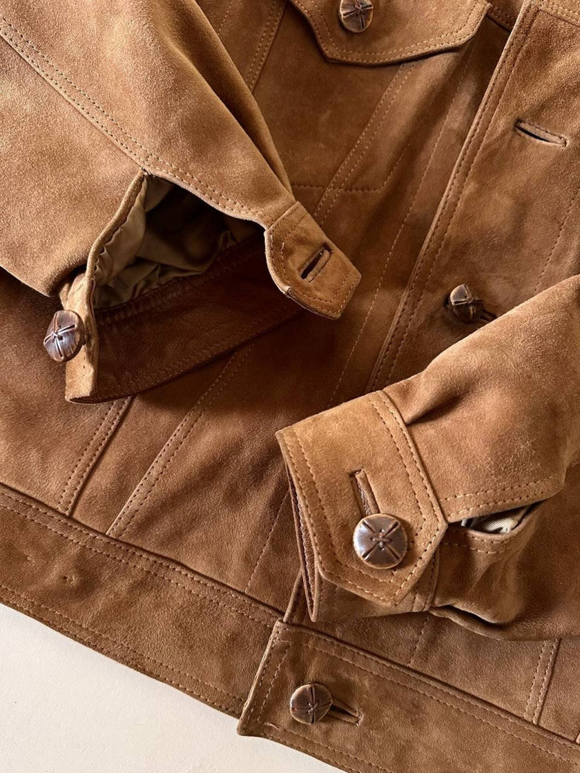 Giacca trucker in pelle scamosciata tabacco con bottoni effetto berlebeck