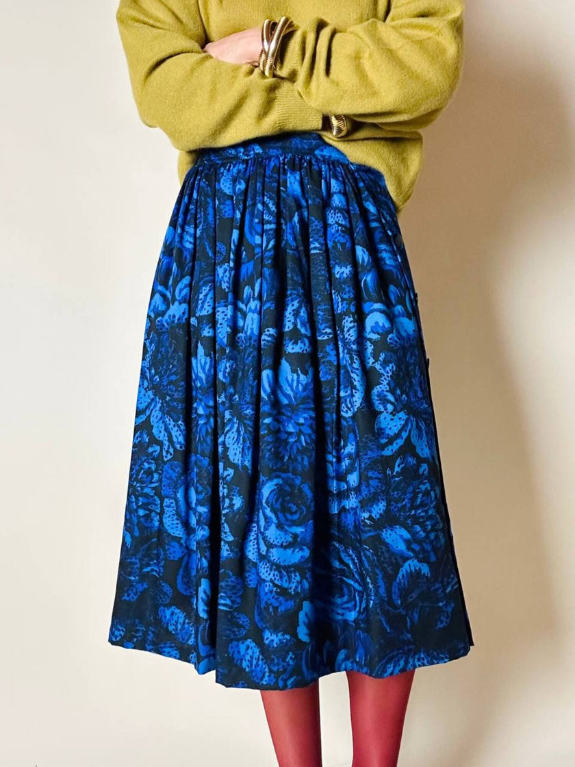 Gonna a ruota Yves Saint Laurent Variation in lana blu elettrico con fantasia floreale nera