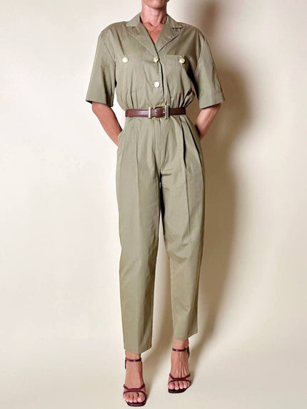 Jumpsuit Class in cotone color cachi con bottoni dorati