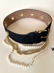 Cintura alta in gros grain nero con perle e catene pendenti “Moschino”
