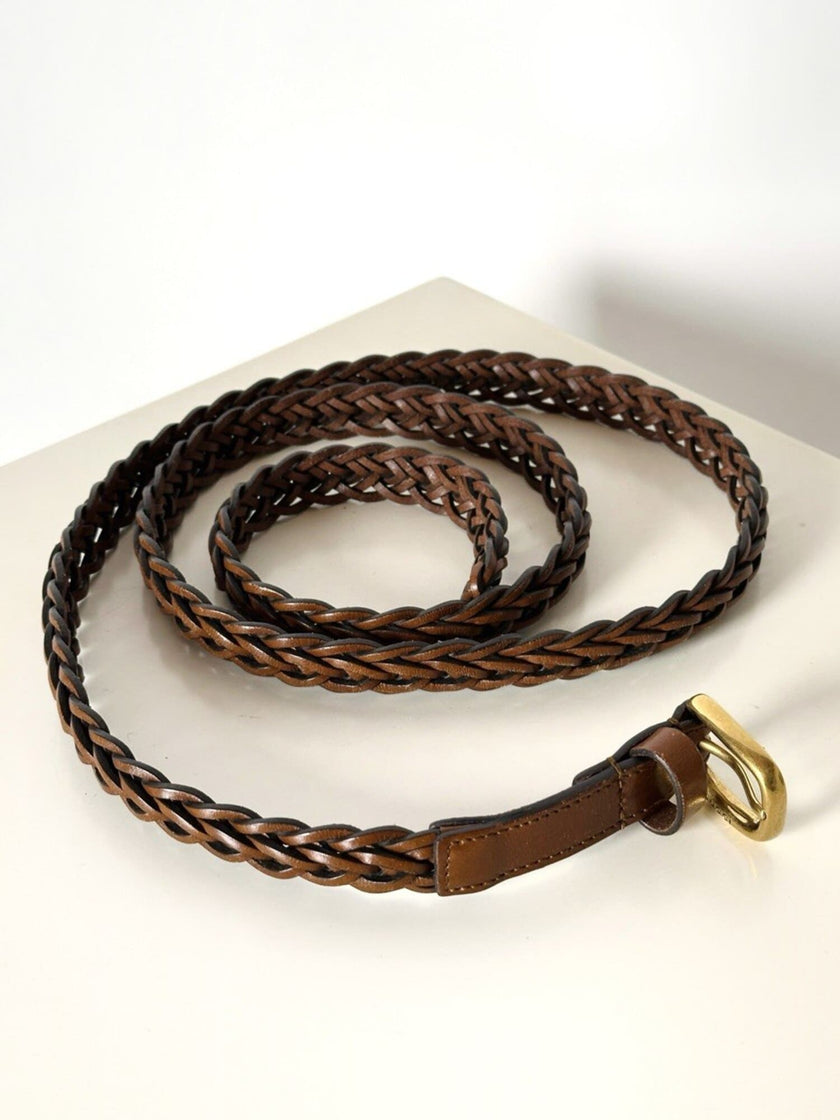 Cintura Gucci in pelle intrecciata color cuoio con fibbia oro