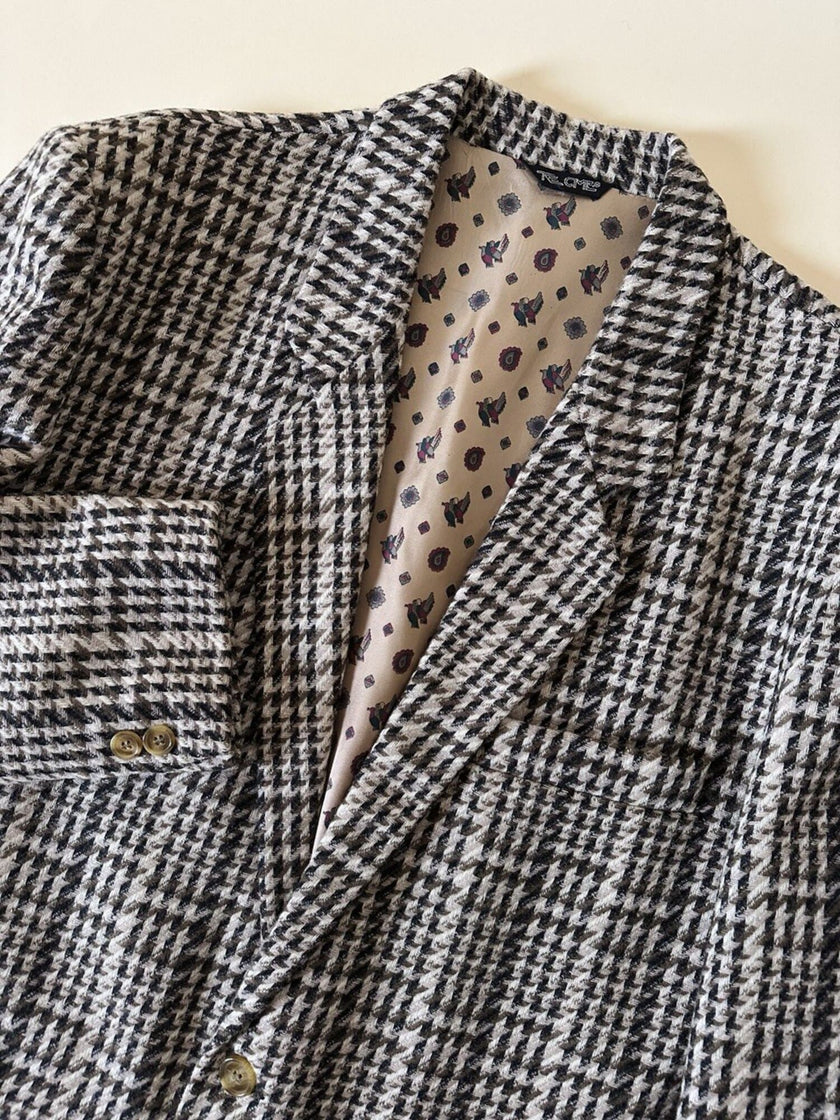 Blazer oversize in lana check beige e marrone con fodera fantasia uccellini