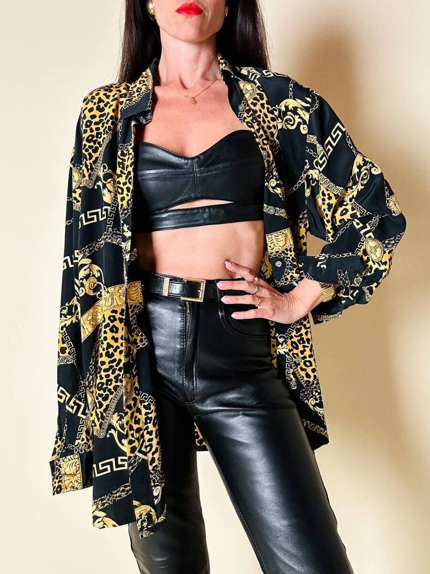 Camicia in seta opaca nera fantasia barocca