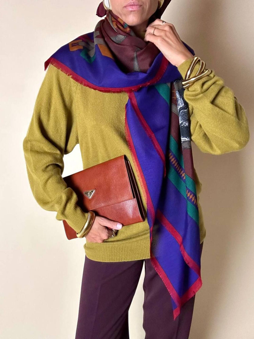 Scialle multicolor in misto lana fantasia equestre