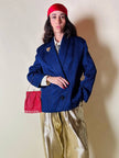 Blazer doppio petto in broccato blu Cina con bottoni gioiello