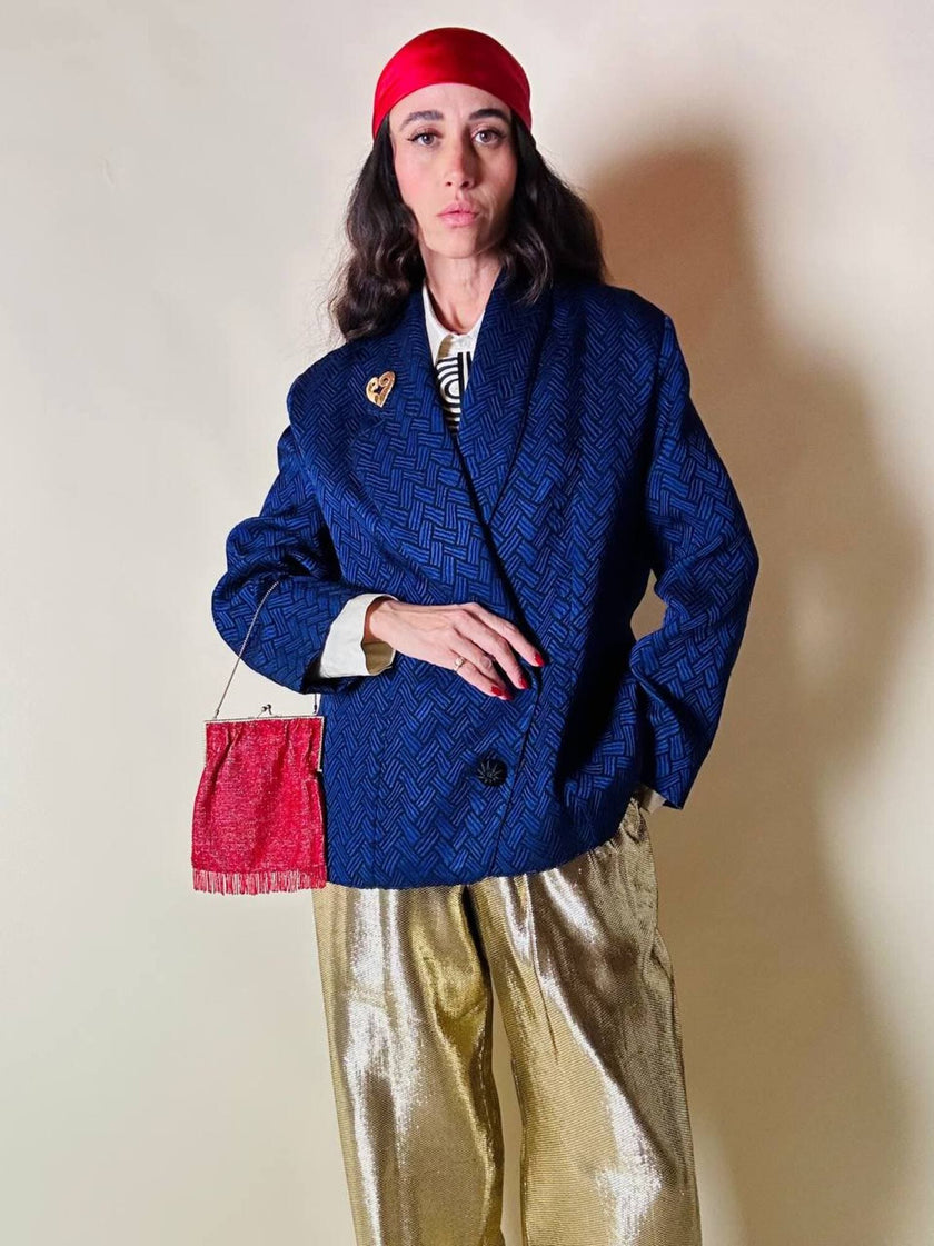 Blazer doppio petto in broccato blu Cina con bottoni gioiello