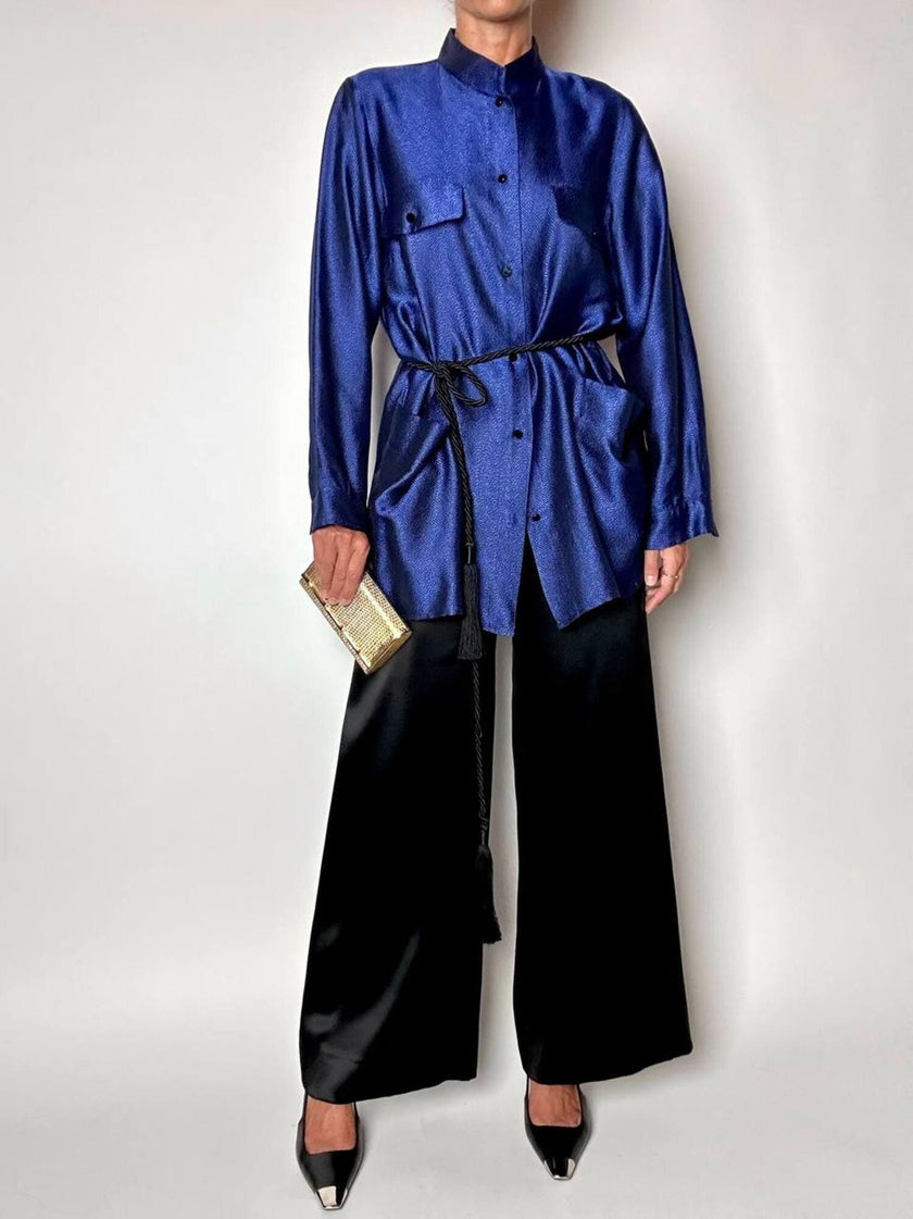 Giacca-camicia vintage in tessuto jacquard bluette