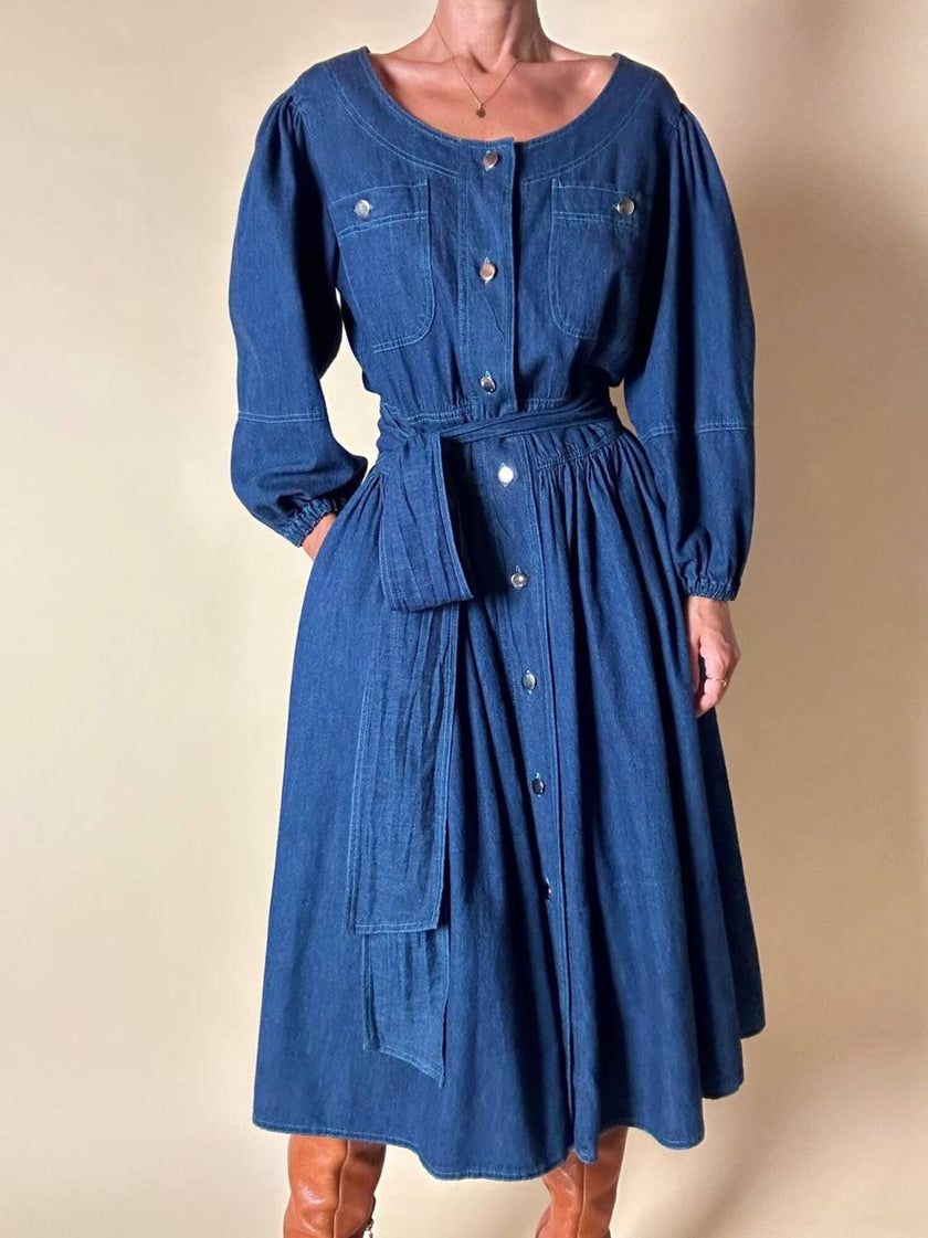 Abito chemisier Mister Luna in denim leggero con gonna a ruota e maniche a palloncino