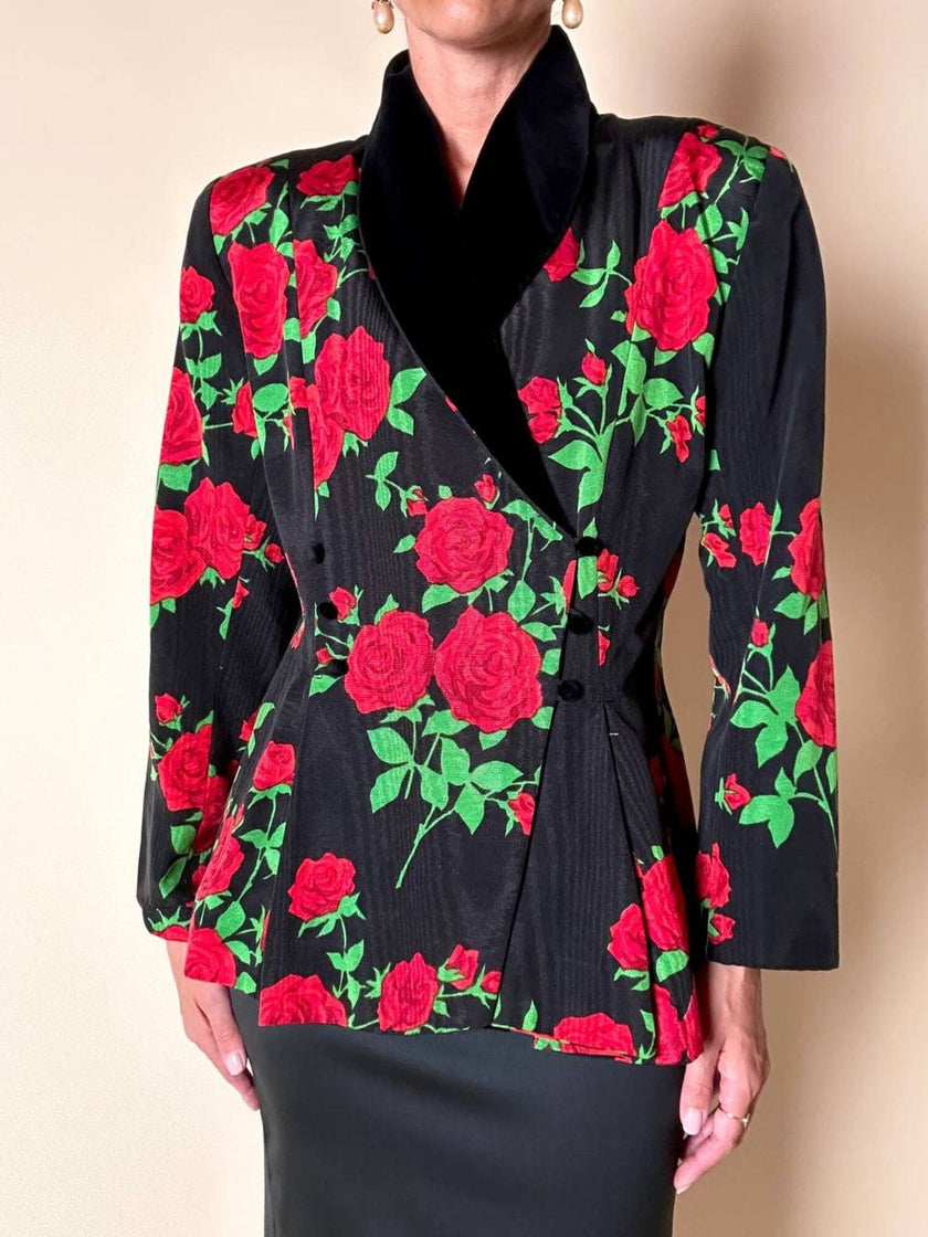 Blazer doppiopetto in tessuto moiré fantasia rose rosse