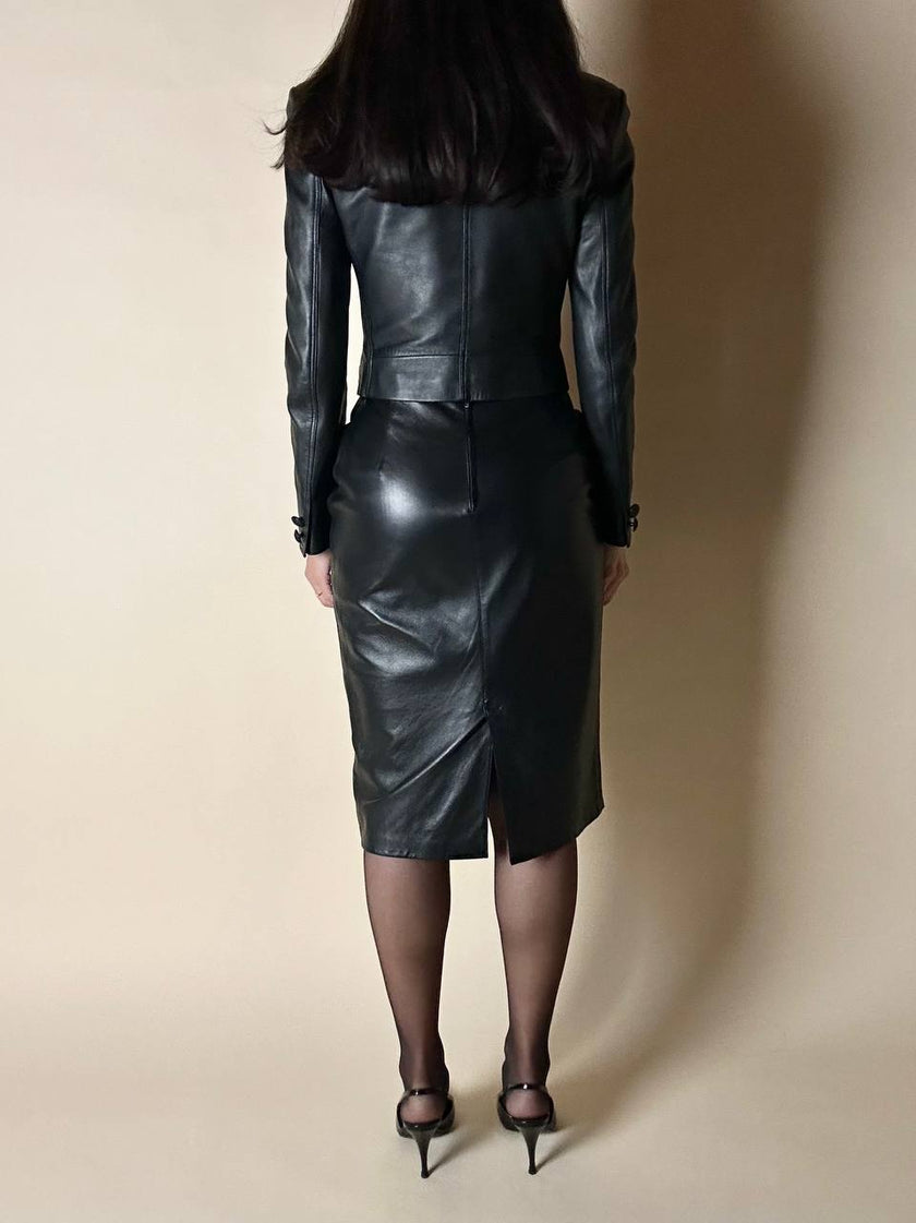 Blazer cropped Gianni Versace vintage in pelle nera con bottoni medusa