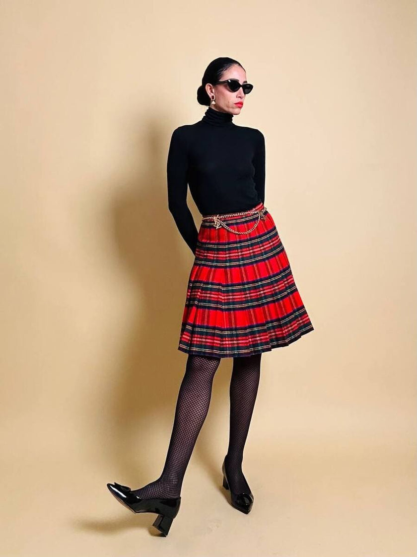 Minigonna a pieghe in lana e cachemire fantasia tartan