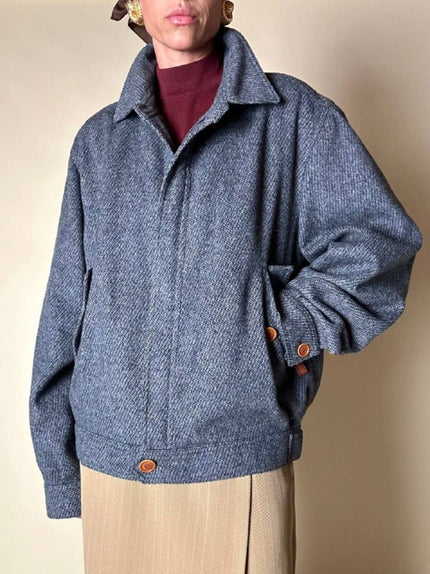 Bomber Yves Saint Laurent in lana grigio mélange con bottoni color cuoio