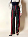 Pantalone a vita alta in lana jacquard a righe verticali con cinturini in pelle nera