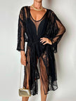 Kimono vintage in tulle nero con ricami floreali