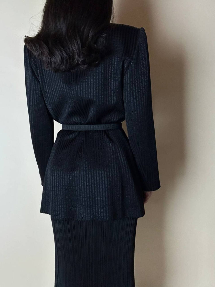 Blazer vintage State of Claude Montana in tessuto jacquard nero bacchettato
