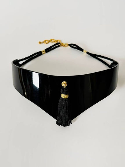 Cintura vintage in lucite nera con nappa couture e cordoni ritorti