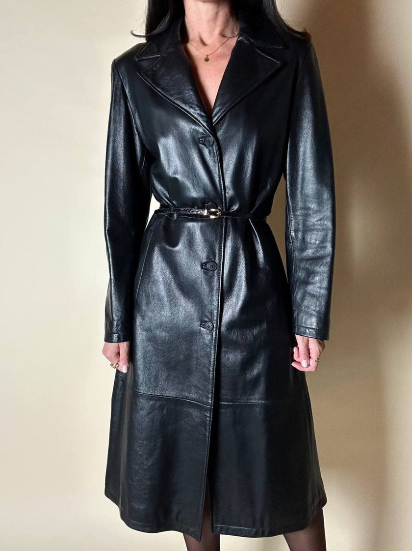 Cappotto/Robe Manteau vintage in pelle nera con spacco posteriore The Bomb