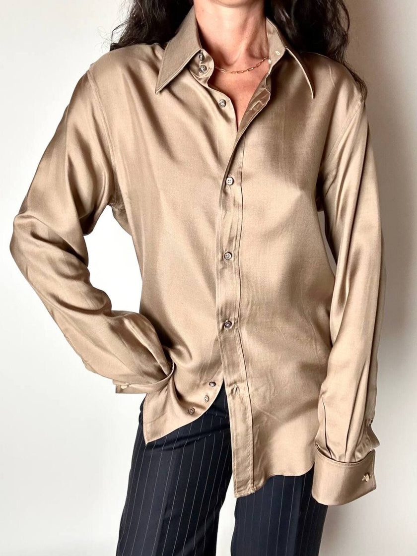 Vintage Gucci dove-grey silk shirt with mother-of-pearl buttons and French cuffs