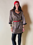 Mini dress oro in tessuto operato con profili neri in raso nero  “Yves Saint Laurent”