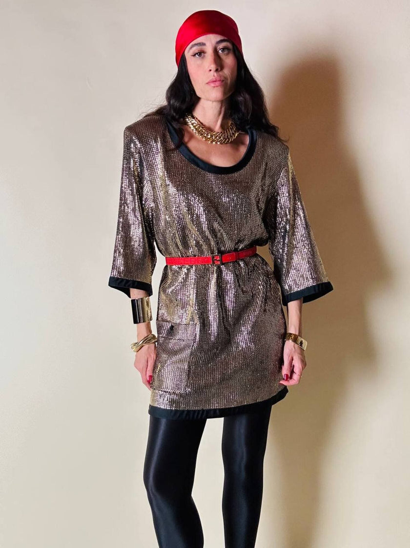 Mini dress oro in tessuto operato con profili neri in raso nero  “Yves Saint Laurent”