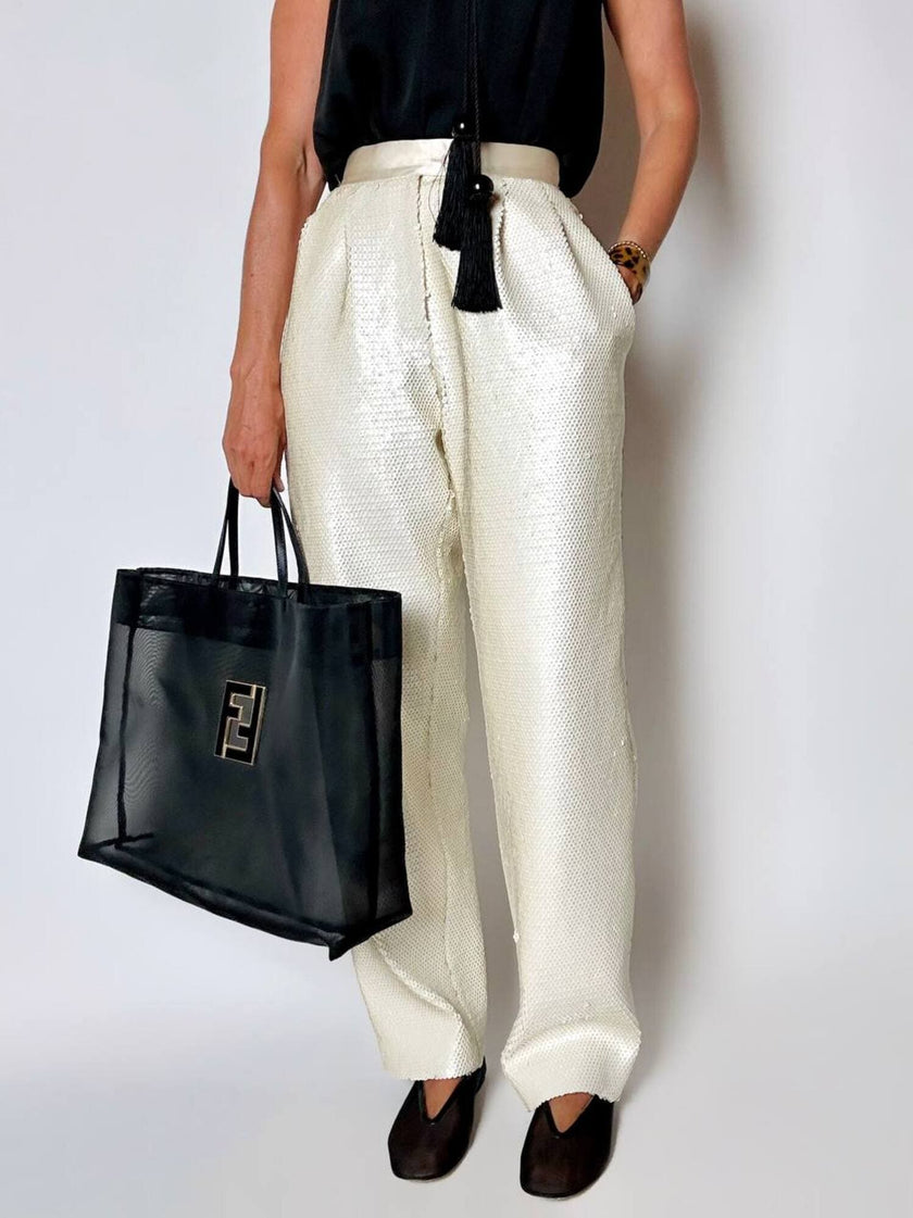 Vintage cream sequin-embroidered palazzo pants