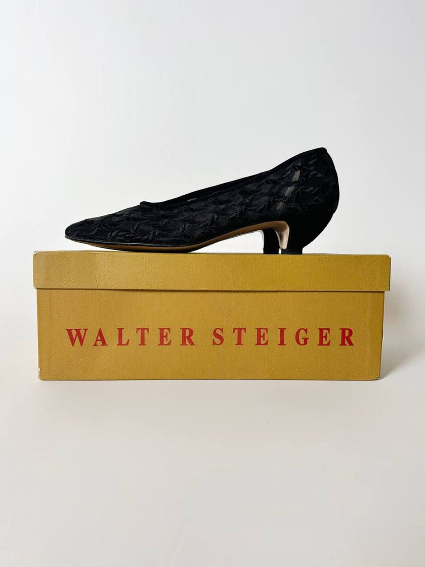 Ballerine vintage Walter Steiger in rete nera ricamata