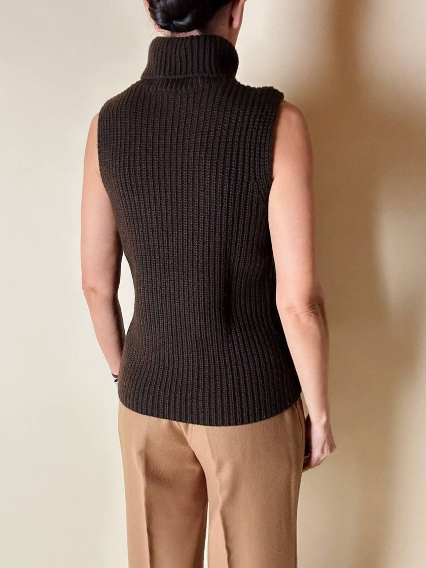 Gilet dolcevita Stefanel vintage in lana marrone a coste
