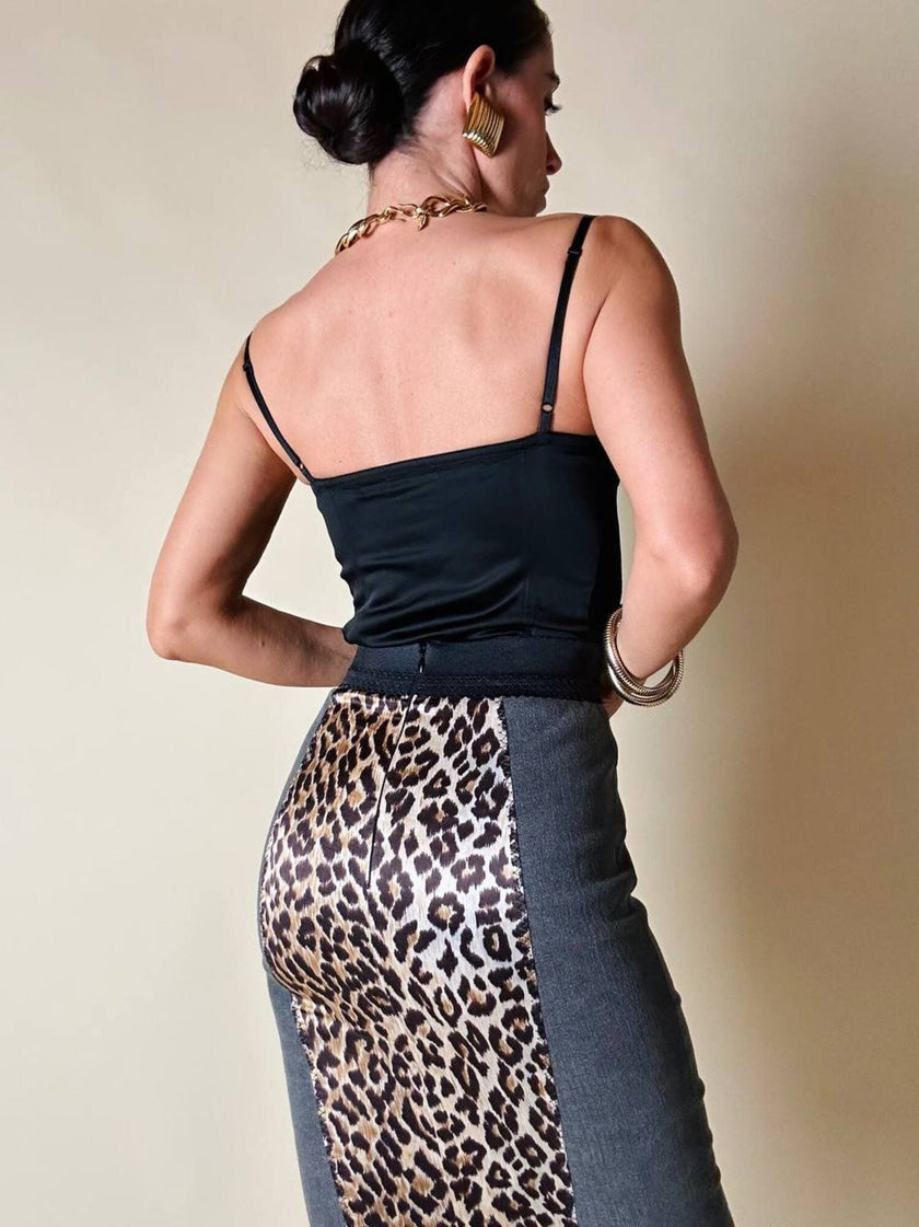 Longuette leopardata con riporti in tela grigia “D&G”