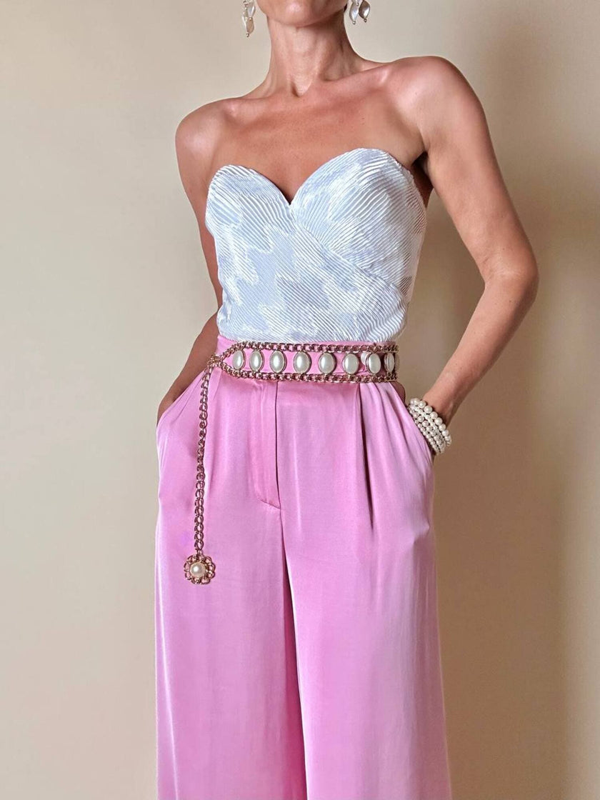 Bustier in raso micro plissé bianco con scollo a cuore 