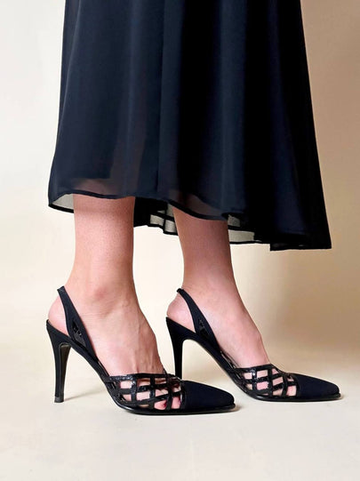Slingback con dettaglio a rete in tessuto nero opaco e pitone “Beltrami”