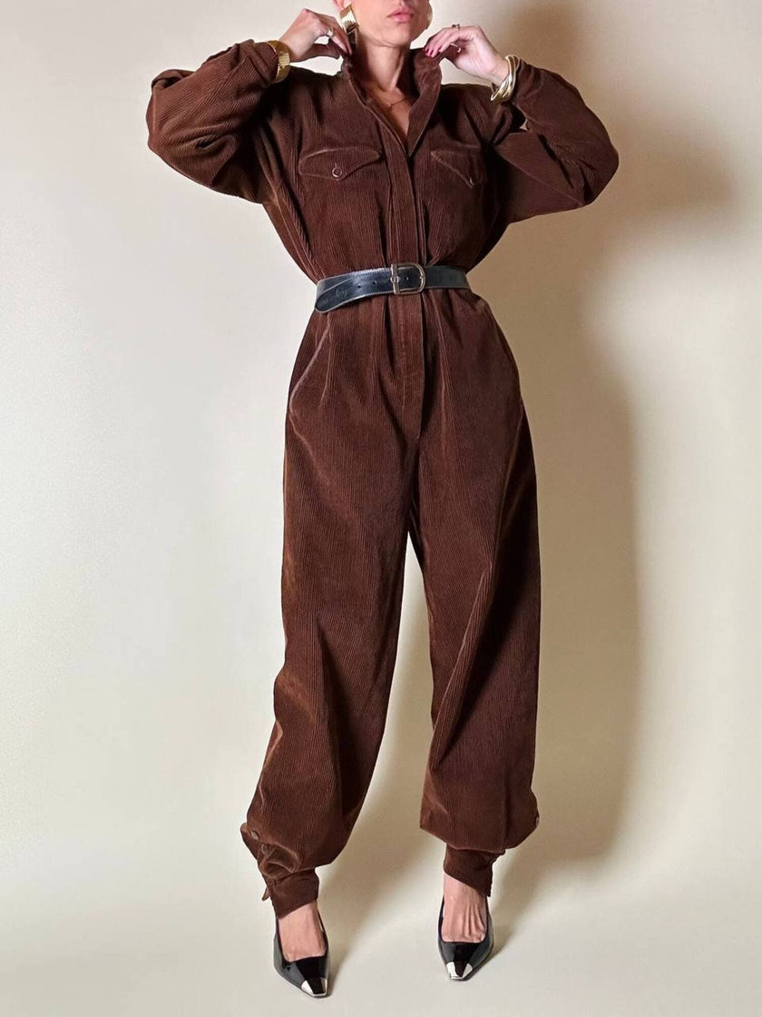 Combinaison vintage Complice en velours côtelé marron avec détails en cuir