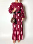 Maxi abito vintage Gottex in cpêpe amarena con maxi pois irregolari rosa