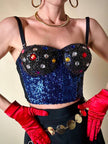 Bustier ricamato in paillettes bluette e strass multicolor