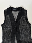 Gilet vintage lungo in rete nera con rever e spacchi laterali New Age