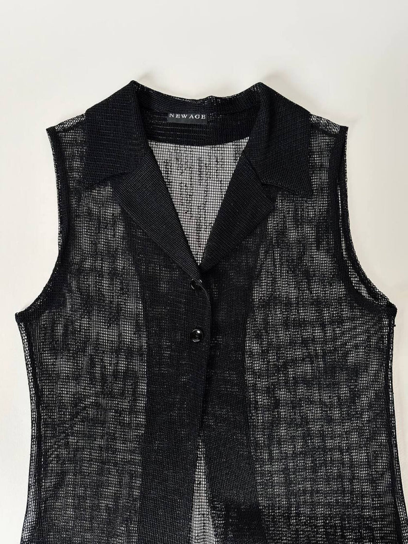 Gilet vintage lungo in rete nera con rever e spacchi laterali New Age