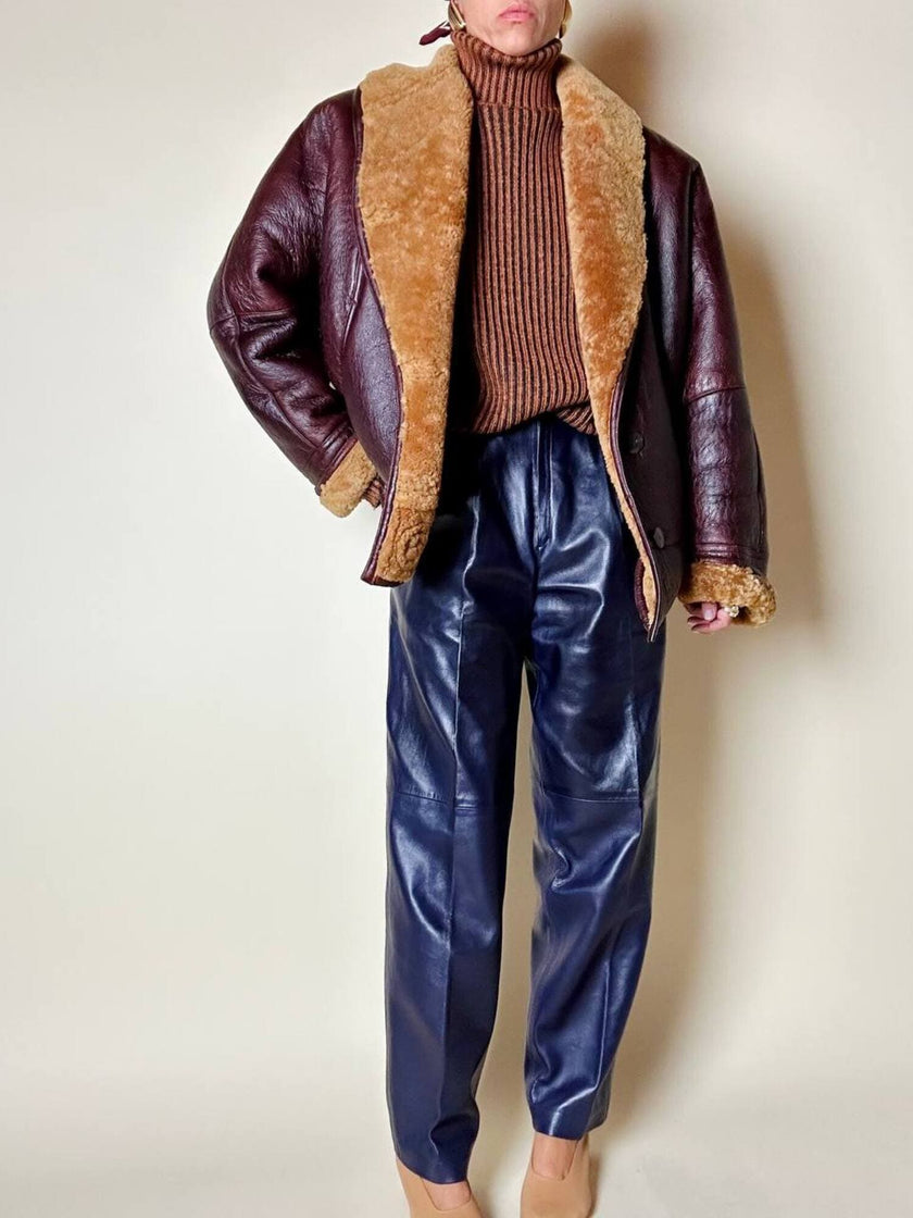 Dolcevita oversize con maxi collo in misto lana a coste larghe ruggine e nero